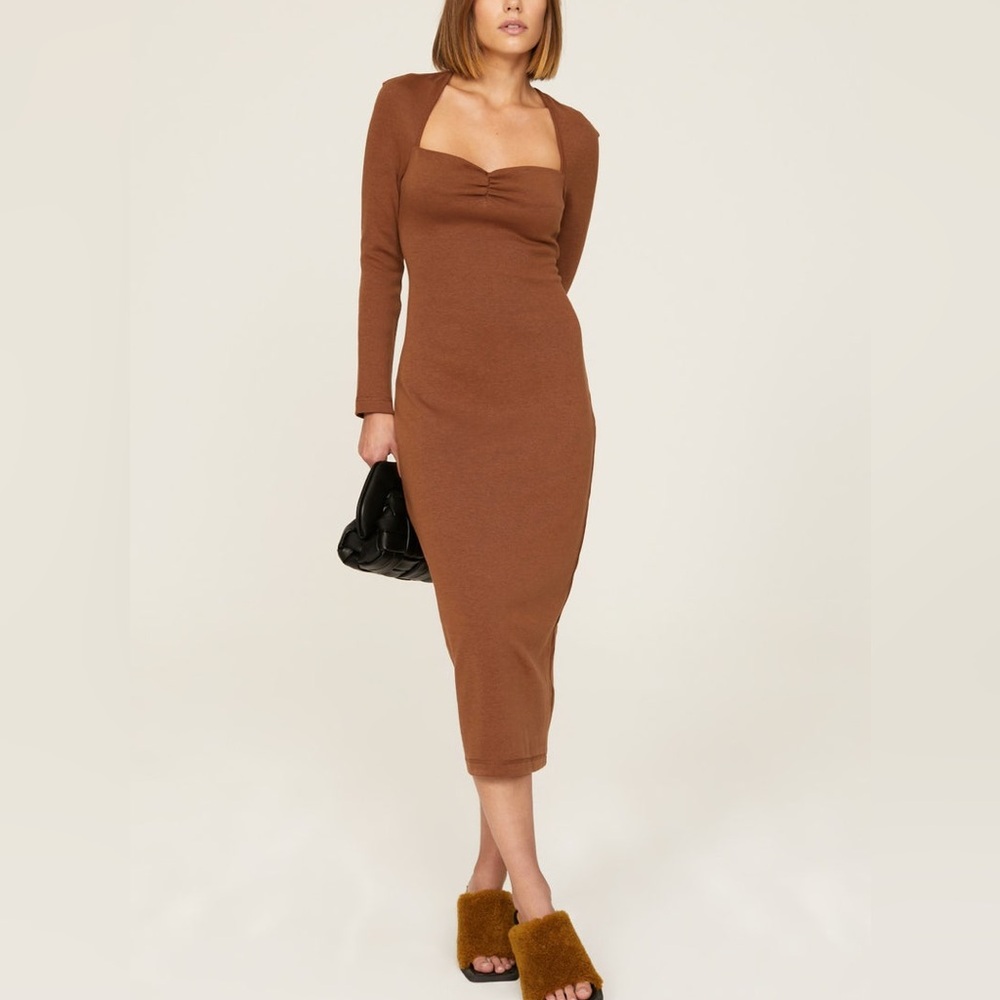 (A12) Victor‎ Glemaud Portrait Collar Midi Dress in Brown, Size Small